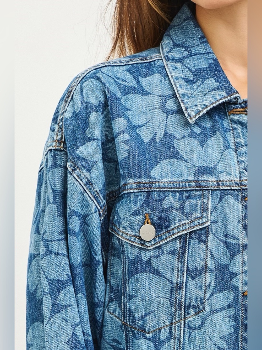 RDJ9283 DARK Risen Flower Print Boxy Denim Jacket - Picture 4 of 4